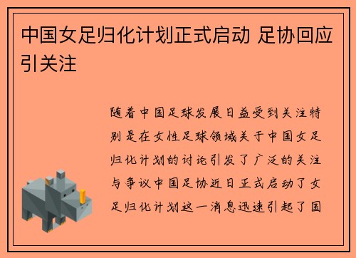 中国女足归化计划正式启动 足协回应引关注
